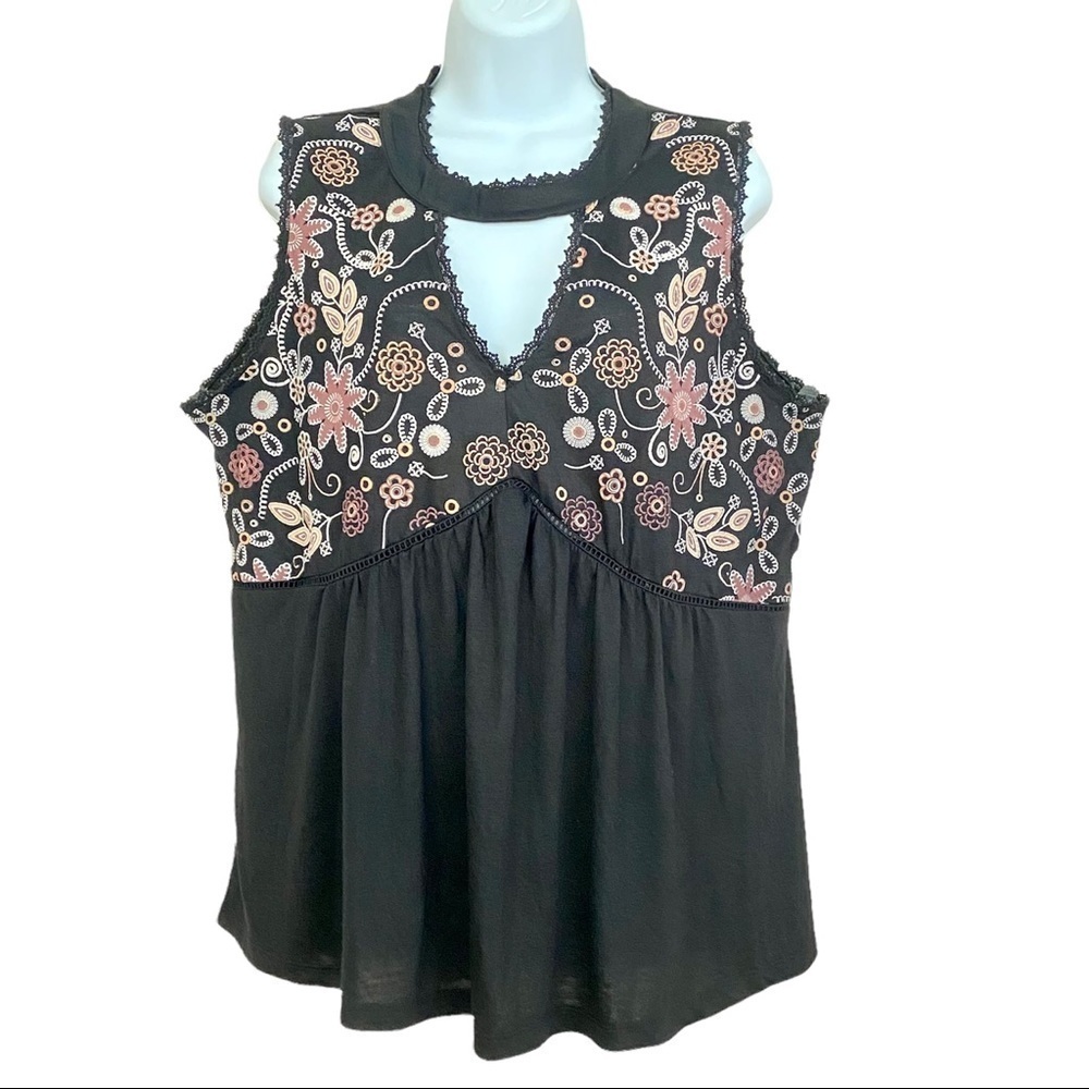 Black Floral Baby Doll V-neck Sleeveless Blouse XL Y2K
